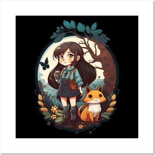 Girl & Orange Cat Kawaii Anime Floral Cat & Coffee Lovers Posters and Art